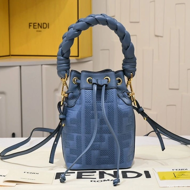 Cheap HOT with Tresor FF Bag Mini Blue Handle Fendi Bucket In Canvas Mon Woven Motif 0819